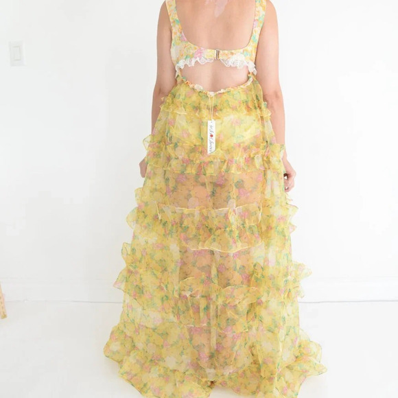 For Love & Lemons Vicki Sheer Tiered Yellow Lace Ruffle Maxi Dress M - Picture 3 of 13